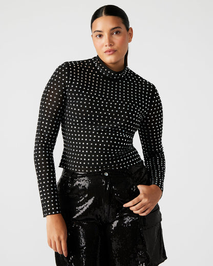 Steve Madden MELVINA Top Black | Women's Long-Sleeved Mesh Fabric Embellished Top