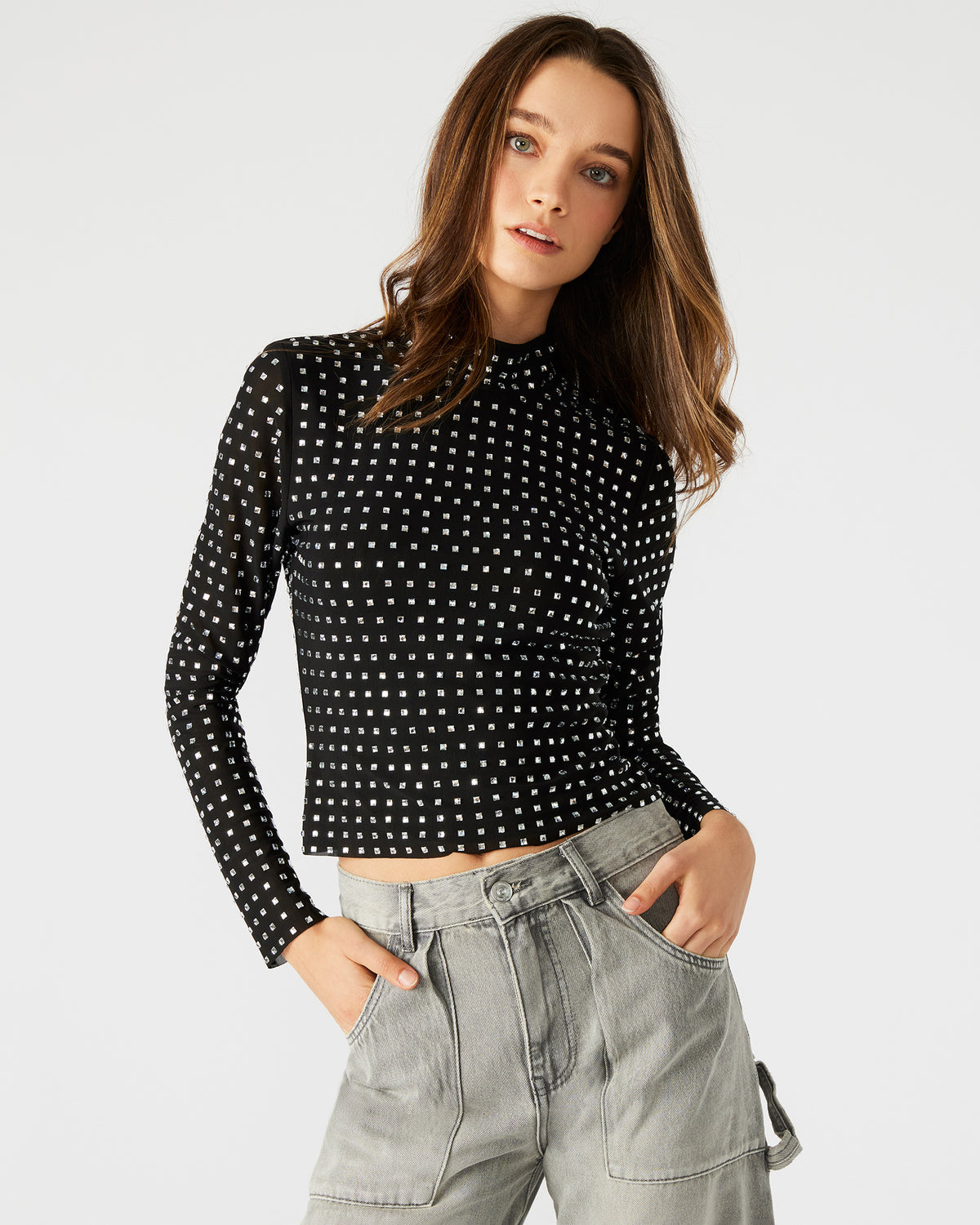 Steve Madden MELVINA Top Black | Women's Long-Sleeved Mesh Fabric Embellished Top