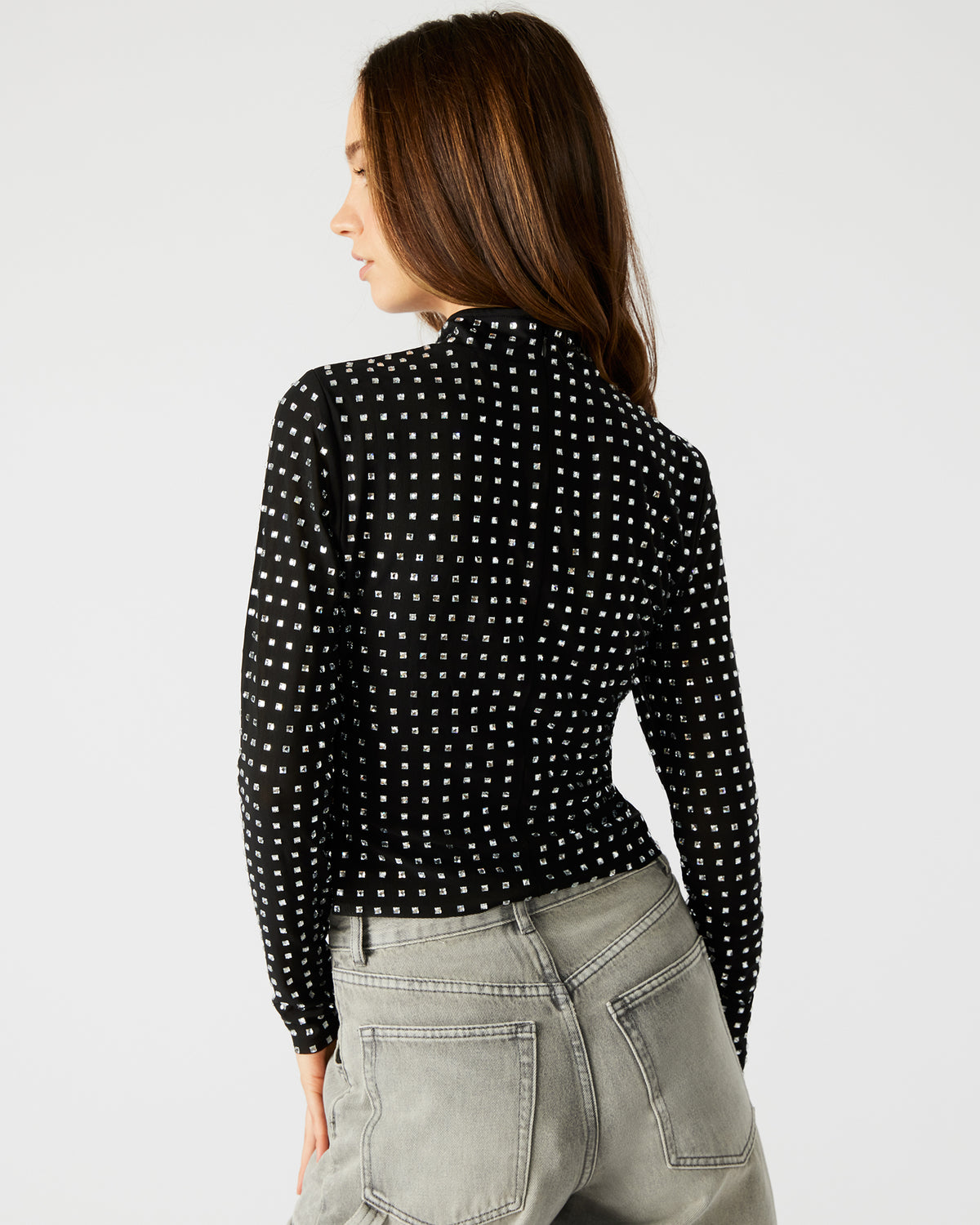Steve Madden MELVINA Top Black | Women's Long-Sleeved Mesh Fabric Embellished Top