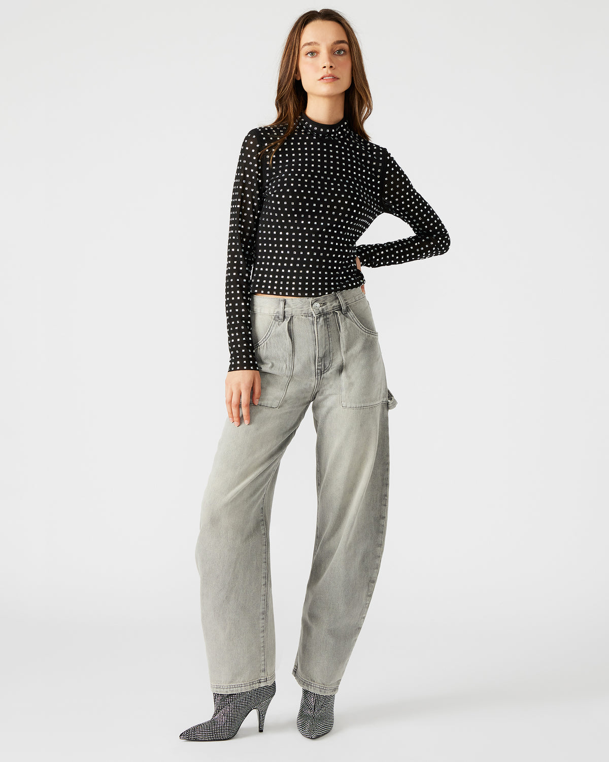 Steve Madden MELVINA Top Black | Women's Long-Sleeved Mesh Fabric Embellished Top