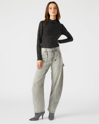 Steve Madden MELVINA Top Black | Women's Long-Sleeved Mesh Fabric Embellished Top
