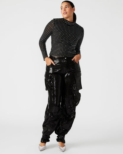 Steve Madden MELVINA Top Black | Women's Long-Sleeved Mesh Fabric Embellished Top