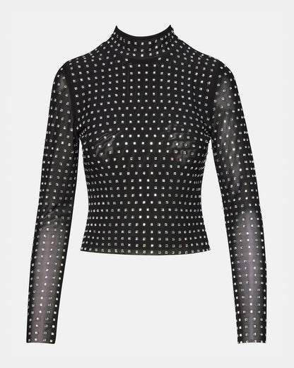 Steve Madden MELVINA Top Black | Women's Long-Sleeved Mesh Fabric Embellished Top