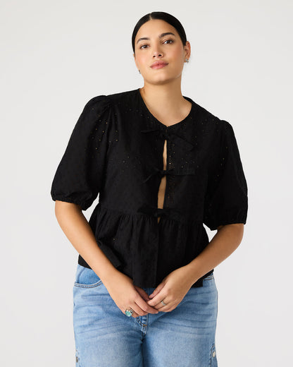 Steve Madden PAULA Top Black Short-Sleeved Tie-Front Eyelet Top