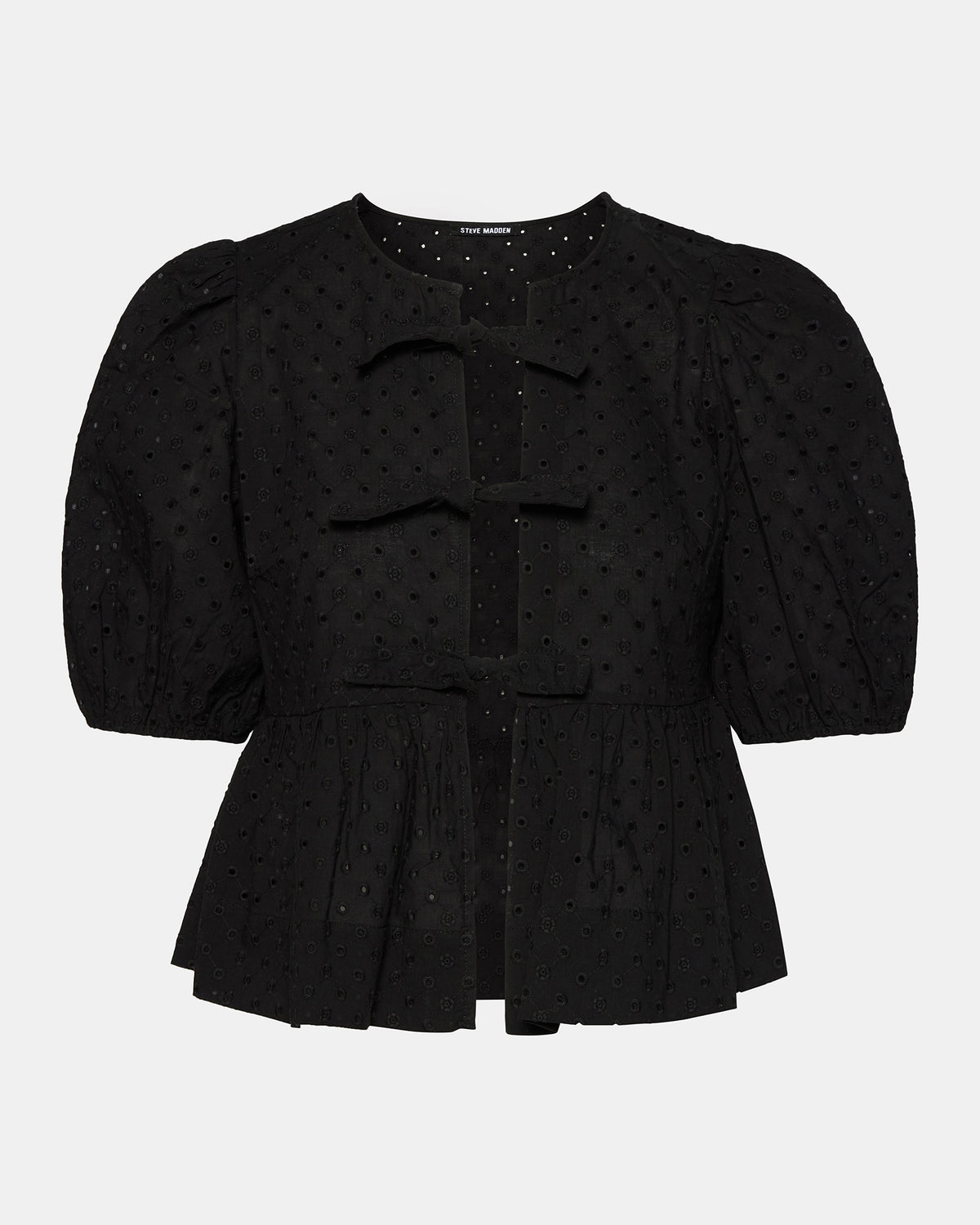 Steve Madden PAULA Top Black Short-Sleeved Tie-Front Eyelet Top