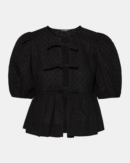 Steve Madden PAULA Top Black Short-Sleeved Tie-Front Eyelet Top