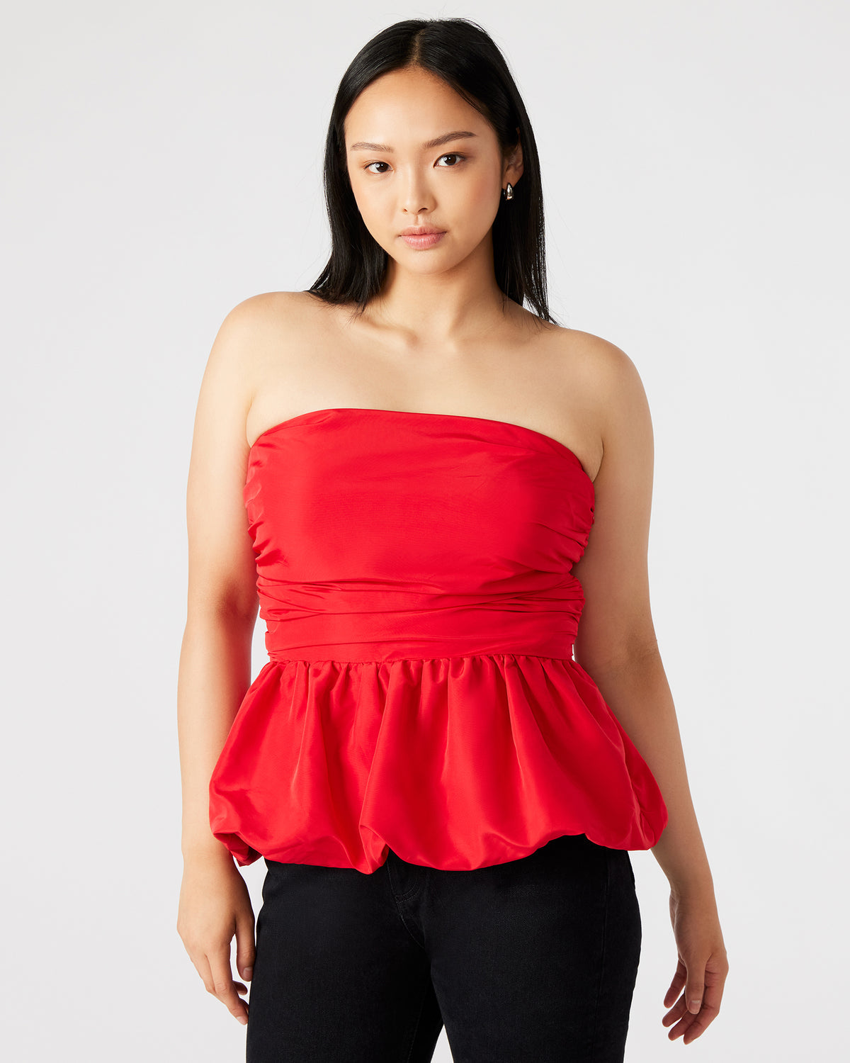 Steve Madden AMARI Top Red | Women's Bubble-Hem Taffeta Strapless Top