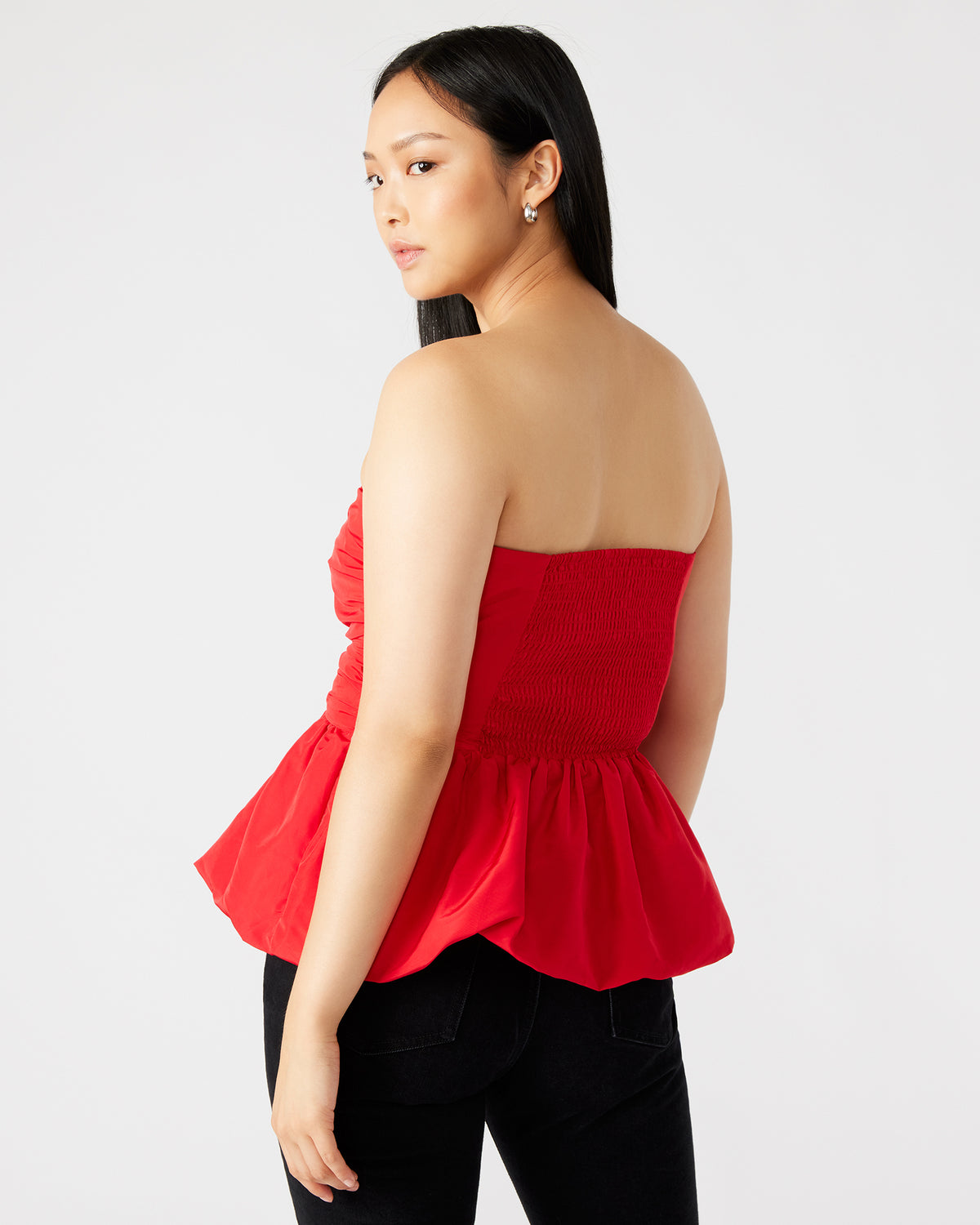 Steve Madden AMARI Top Red | Women's Bubble-Hem Taffeta Strapless Top