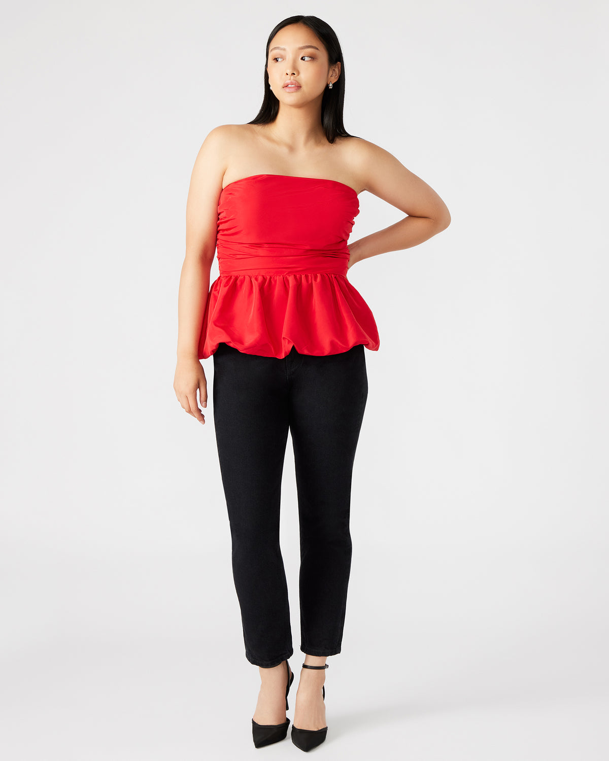 Steve Madden AMARI Top Red | Women's Bubble-Hem Taffeta Strapless Top