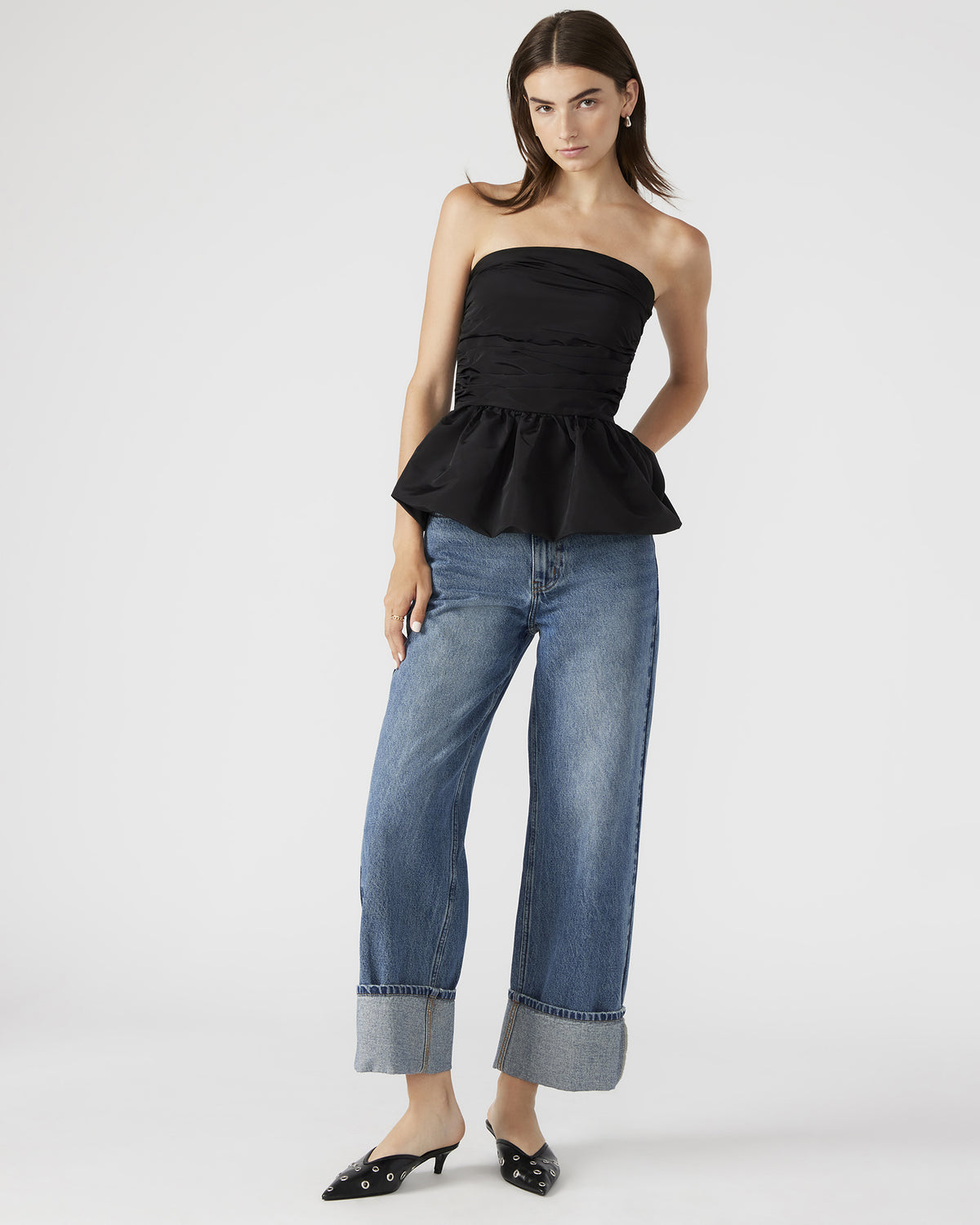 Steve Madden AMARI Top Black | Women's Bubble-Hem Taffeta Strapless Top