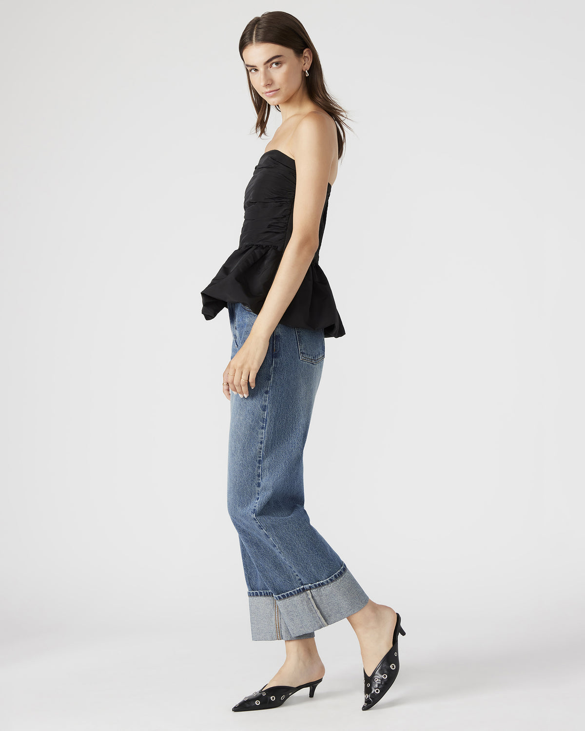 Steve Madden AMARI Top Black | Women's Bubble-Hem Taffeta Strapless Top