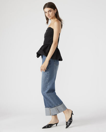 Steve Madden AMARI Top Black | Women's Bubble-Hem Taffeta Strapless Top