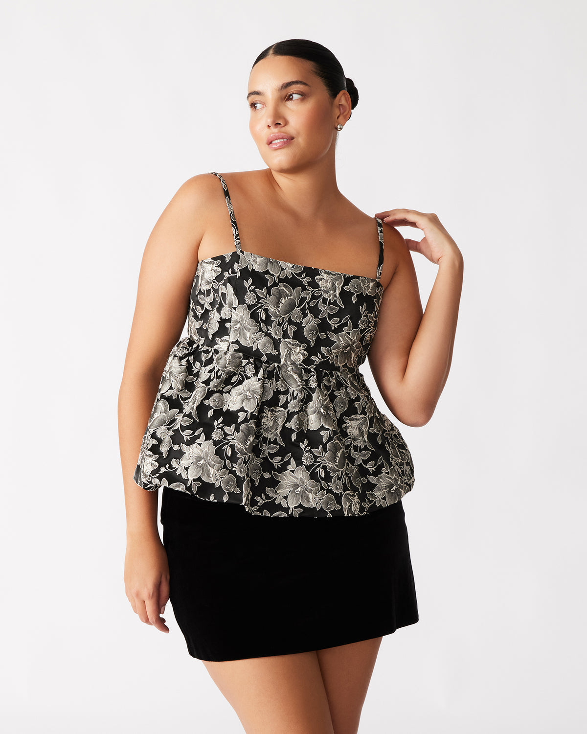 Steve Madden BODI Top Black Multi | Women's Bubble-Hem Taffeta Camisole Top
