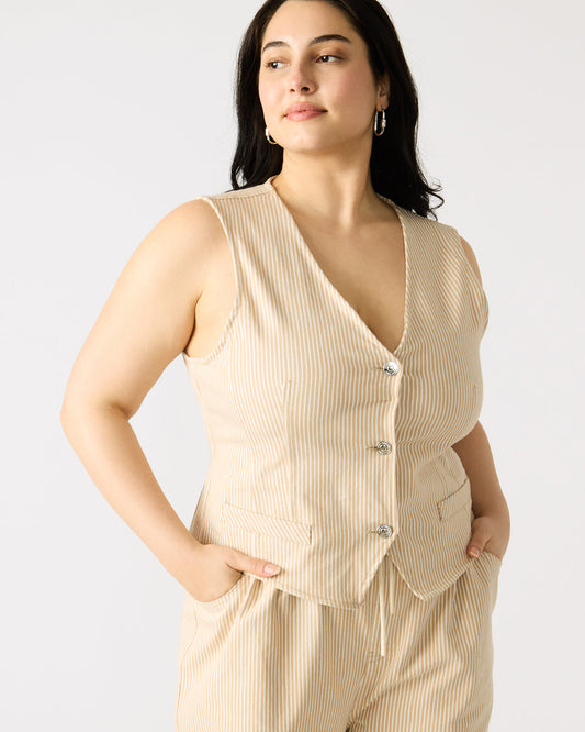 Steve Madden SELENE Khaki Women's Button-Up Sleeveless Fabric Vest Top