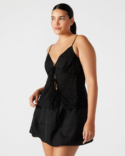 Steve Madden INDY Top Black | Women's Tie Fastening Rhinestone Camisole Tank Top