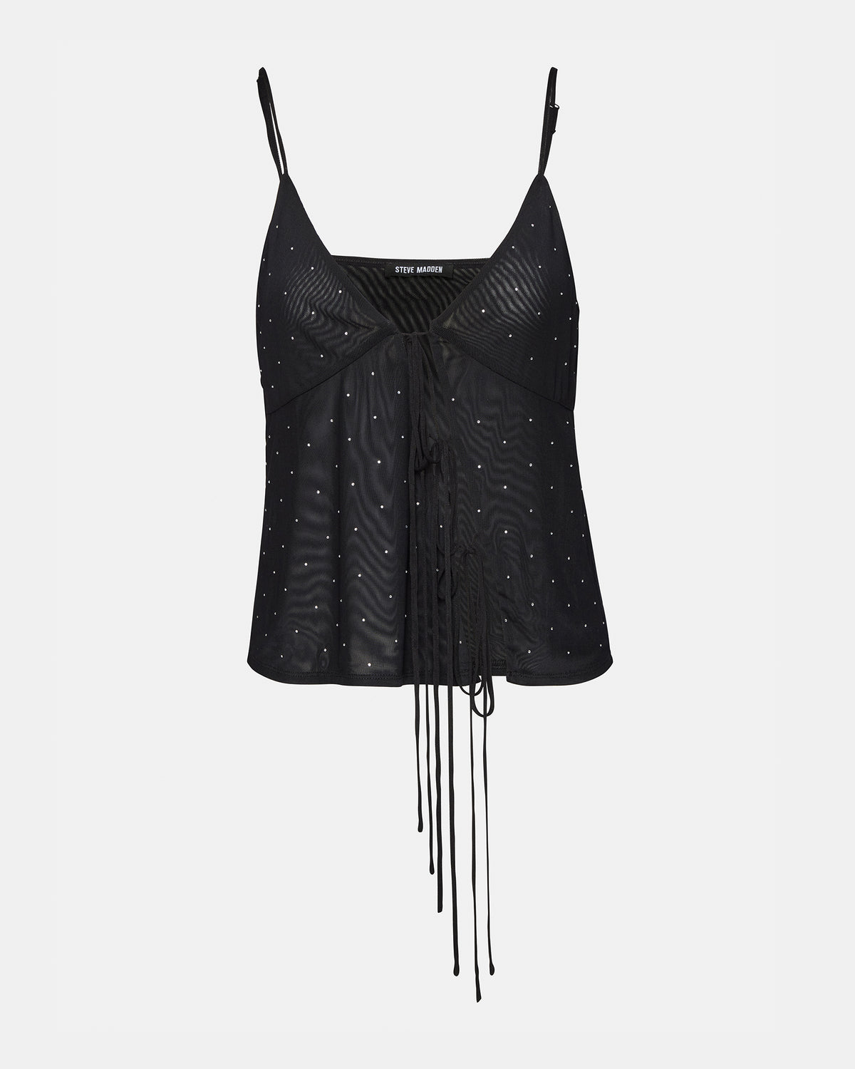 Steve Madden INDY Top Black | Women's Tie Fastening Rhinestone Camisole Tank Top