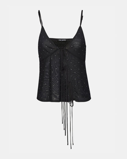 Steve Madden INDY Top Black | Women's Tie Fastening Rhinestone Camisole Tank Top