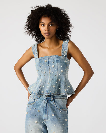 Steve Madden PENELOPI Denim Ruffle Fabric Pearl Embellished Women's Tank Top