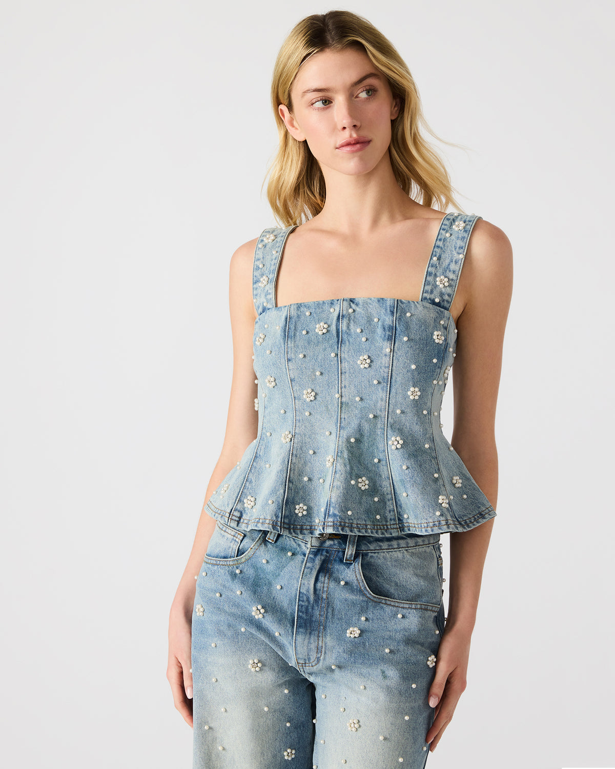 Steve Madden PENELOPI Denim Ruffle Fabric Pearl Embellished Women's Tank Top