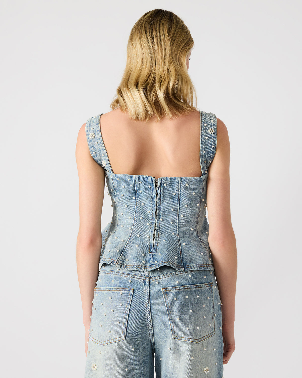 Steve Madden PENELOPI Denim Ruffle Fabric Pearl Embellished Women's Tank Top