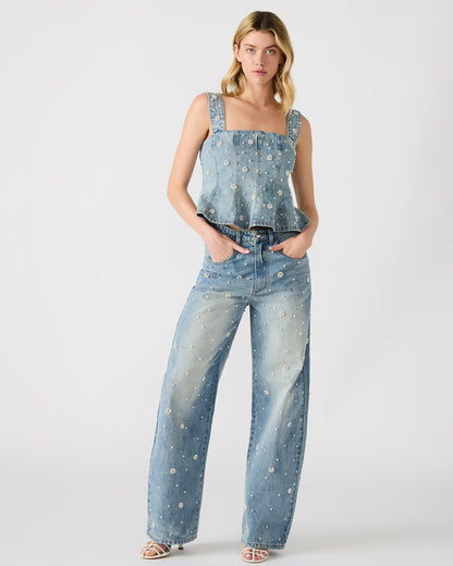 Steve Madden PENELOPI Denim Ruffle Fabric Pearl Embellished Women's Tank Top