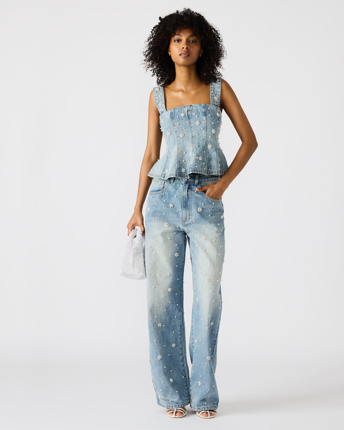 Steve Madden PENELOPI Denim Ruffle Fabric Pearl Embellished Women's Tank Top