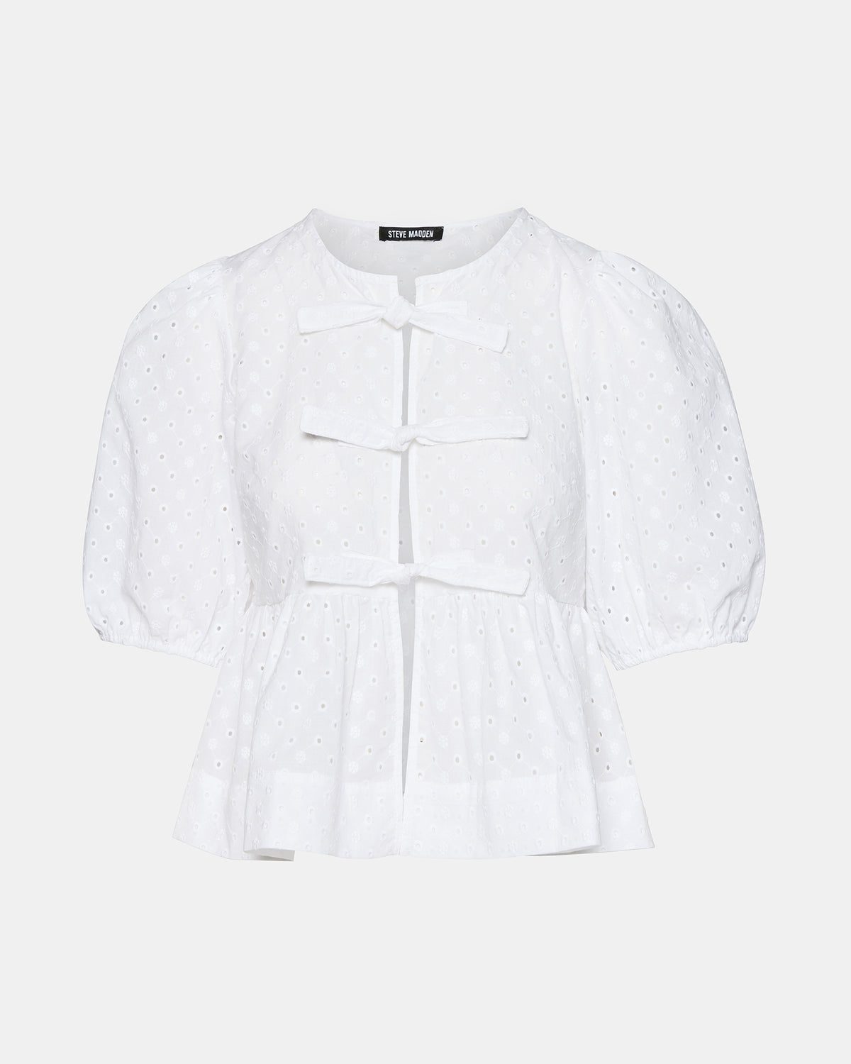 Steve Madden PAULA Top White Short-Sleeved Tie-Front Eyelet Top