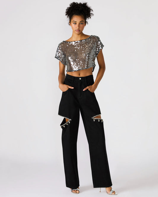 Steve Madden AYLA Black Straight-Leg Rhinestone Embellished Slit Women's Jean