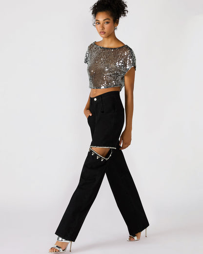 Steve Madden AYLA Black Straight-Leg Rhinestone Embellished Slit Women's Jean