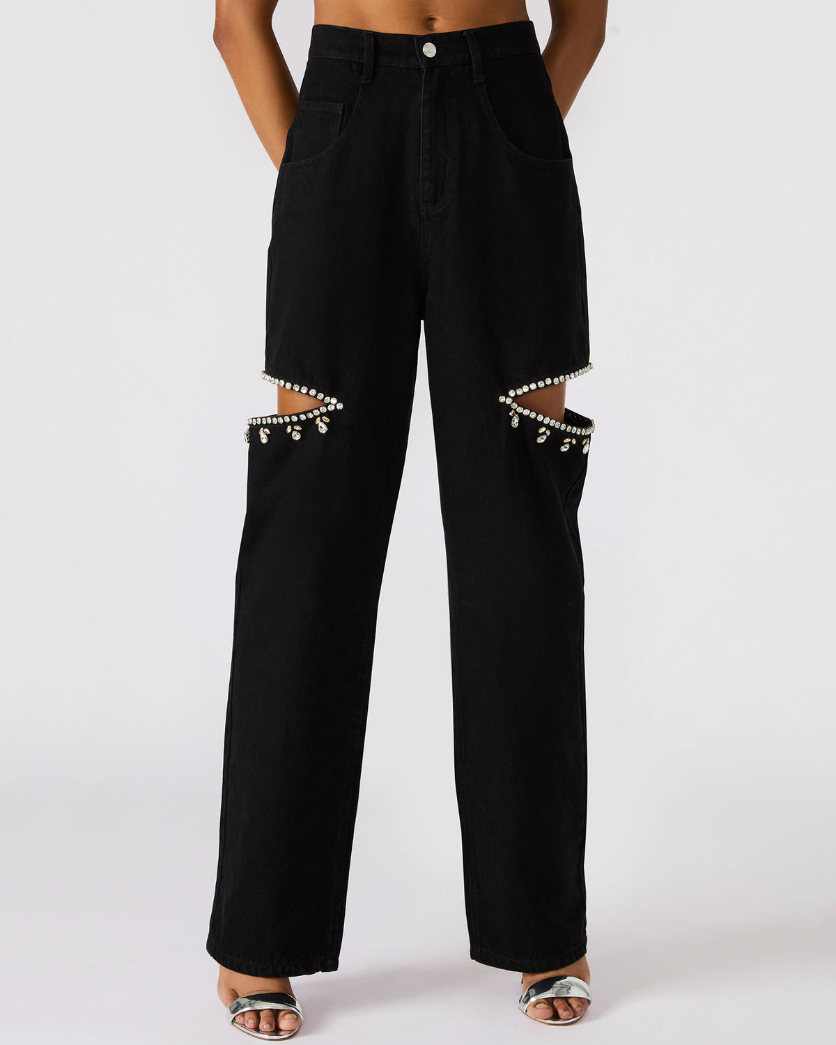 Steve Madden AYLA Black Straight-Leg Rhinestone Embellished Slit Women's Jean