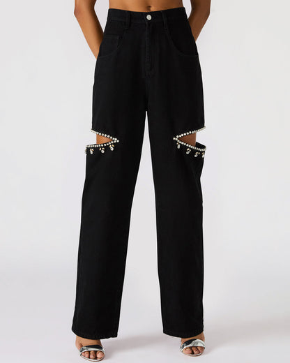 Steve Madden AYLA Black Straight-Leg Rhinestone Embellished Slit Women's Jean