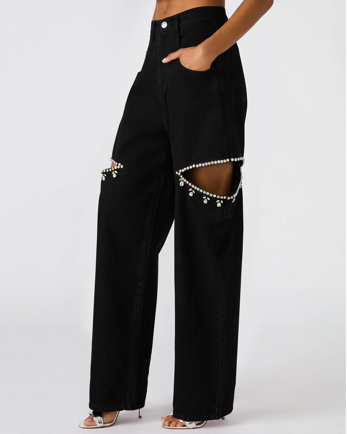 Steve Madden AYLA Black Straight-Leg Rhinestone Embellished Slit Women's Jean