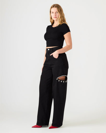 Steve Madden AYLA Black Straight-Leg Rhinestone Embellished Slit Women's Jean