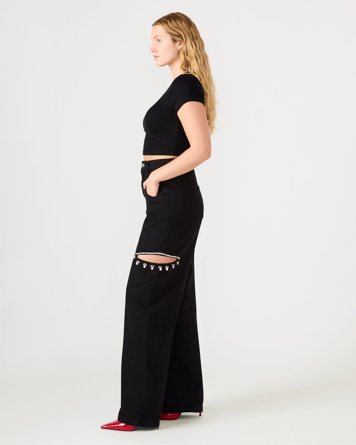 Steve Madden AYLA Black Straight-Leg Rhinestone Embellished Slit Women's Jean