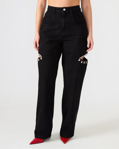 Steve Madden AYLA Black Straight-Leg Rhinestone Embellished Slit Women's Jean