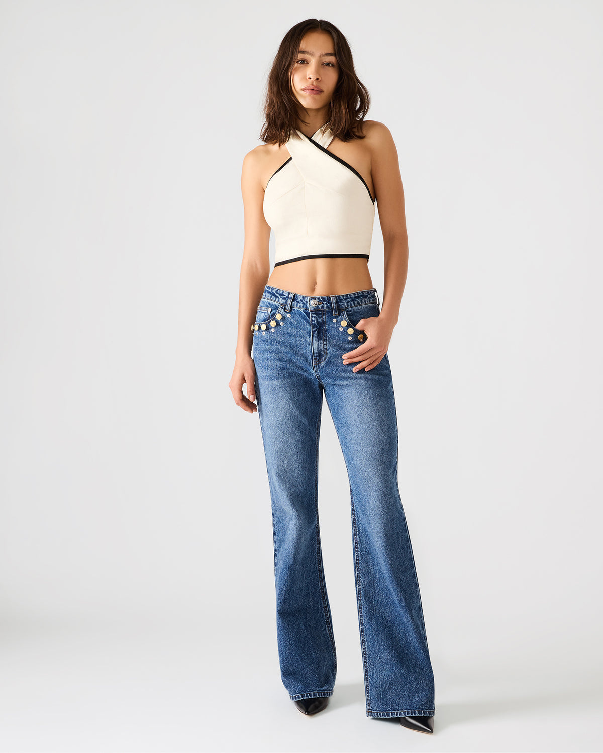 Steve Madden IRYS Dark Navy High-Rise Flare Gold Detail Buttons Women's Jean
