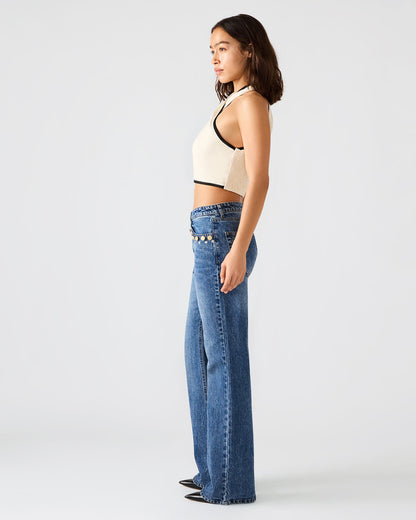 Steve Madden IRYS Dark Navy High-Rise Flare Gold Detail Buttons Women's Jean