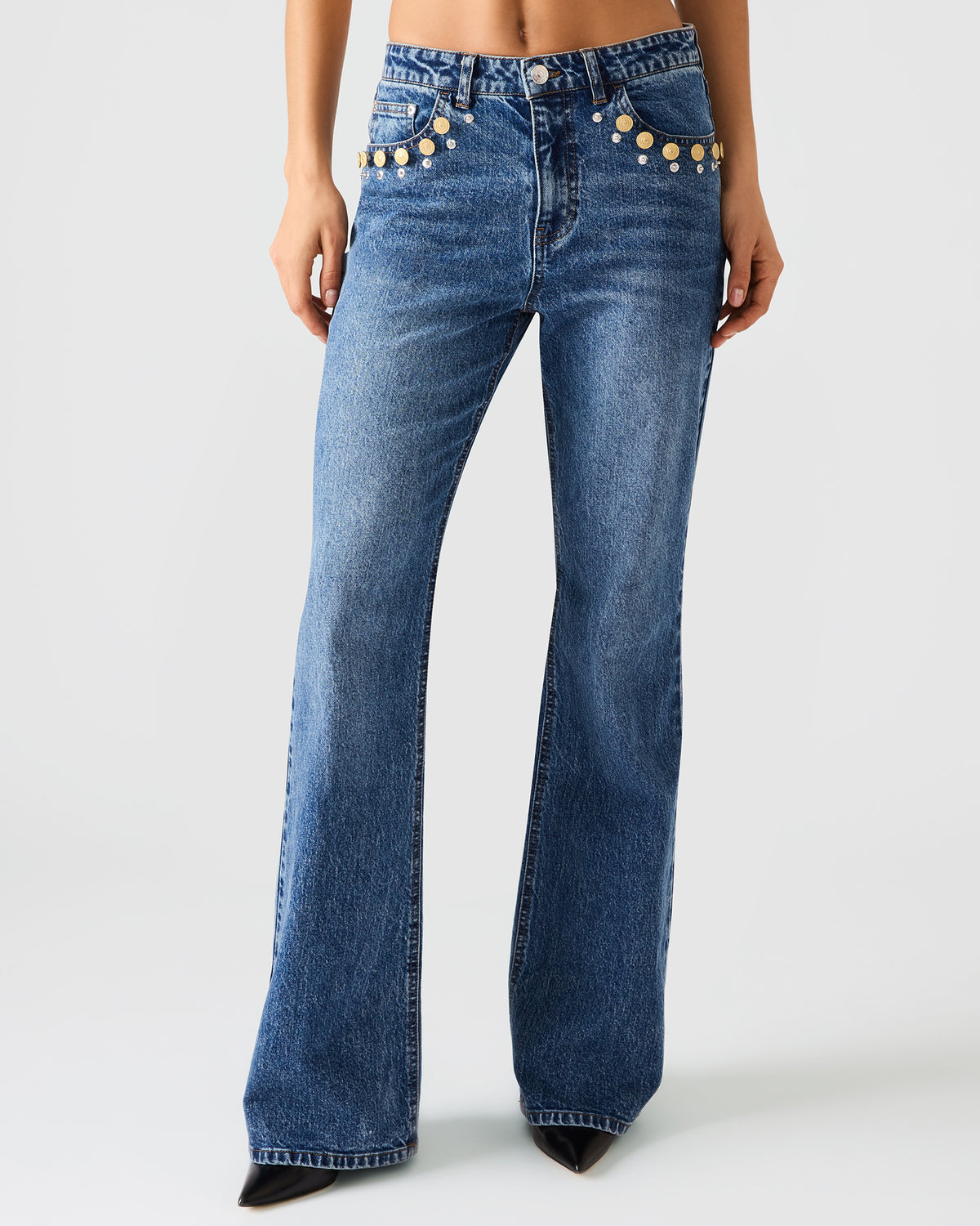 Steve Madden IRYS Dark Navy High-Rise Flare Gold Detail Buttons Women's Jean