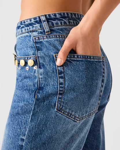 Steve Madden IRYS Dark Navy High-Rise Flare Gold Detail Buttons Women's Jean