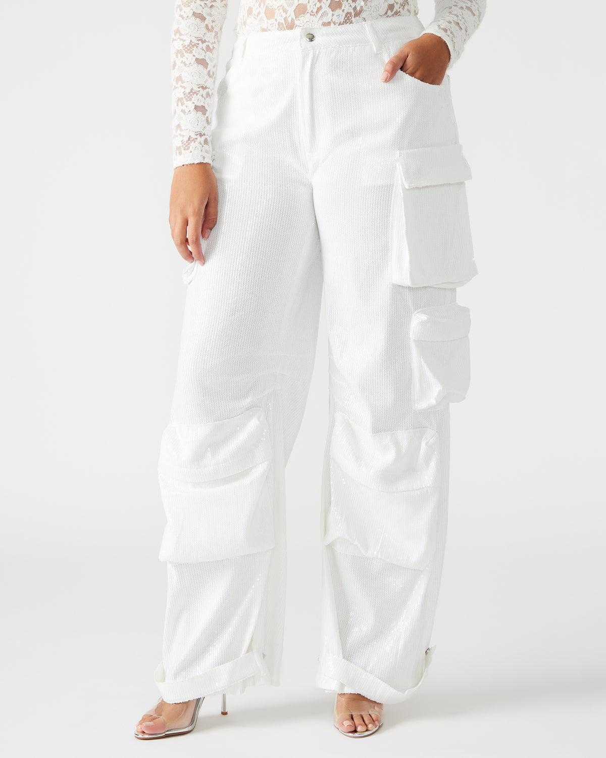 Steve Madden DUO White Sequin Women's Utility Cargo Pants