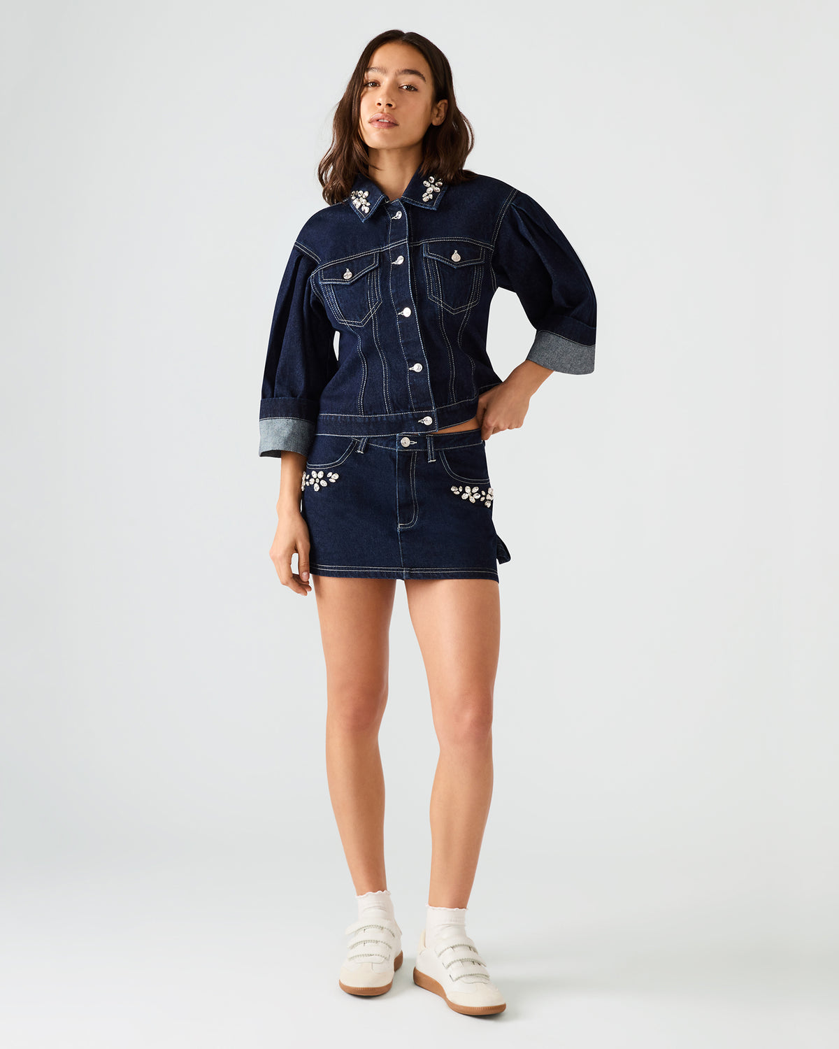 Steve Madden BRIELLIA Bijou Blue Denim Rhinestone Embellished Mini Women's Skirt