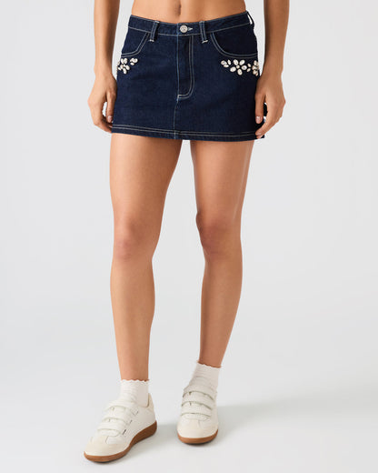 Steve Madden BRIELLIA Bijou Blue Denim Rhinestone Embellished Mini Women's Skirt