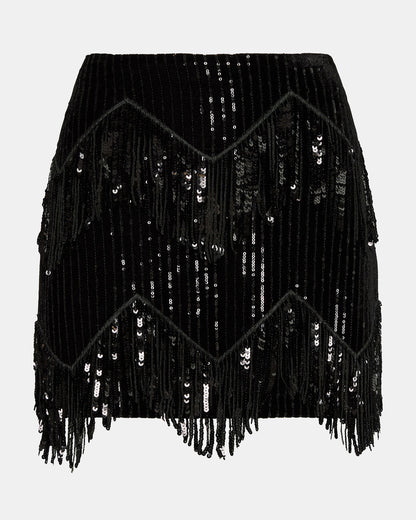 Steve Madden CINDI Sequin Black Fringe Embellished Women's Skirt