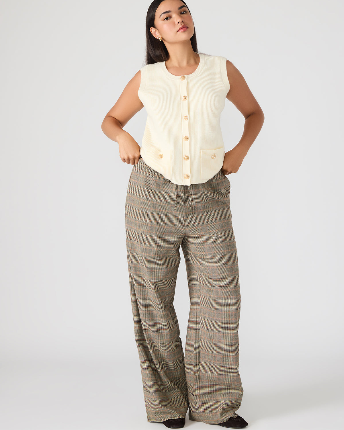 Steve Madden IDRA Brown Pull-On Tie-Front Cuffed Plaid Women's Pants