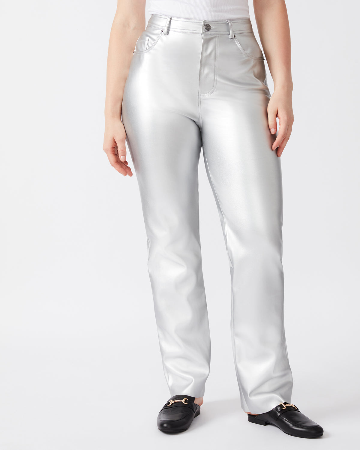 Steve Madden LOREN Pant Silver | Women's Faux Leather Straight Leg Pant