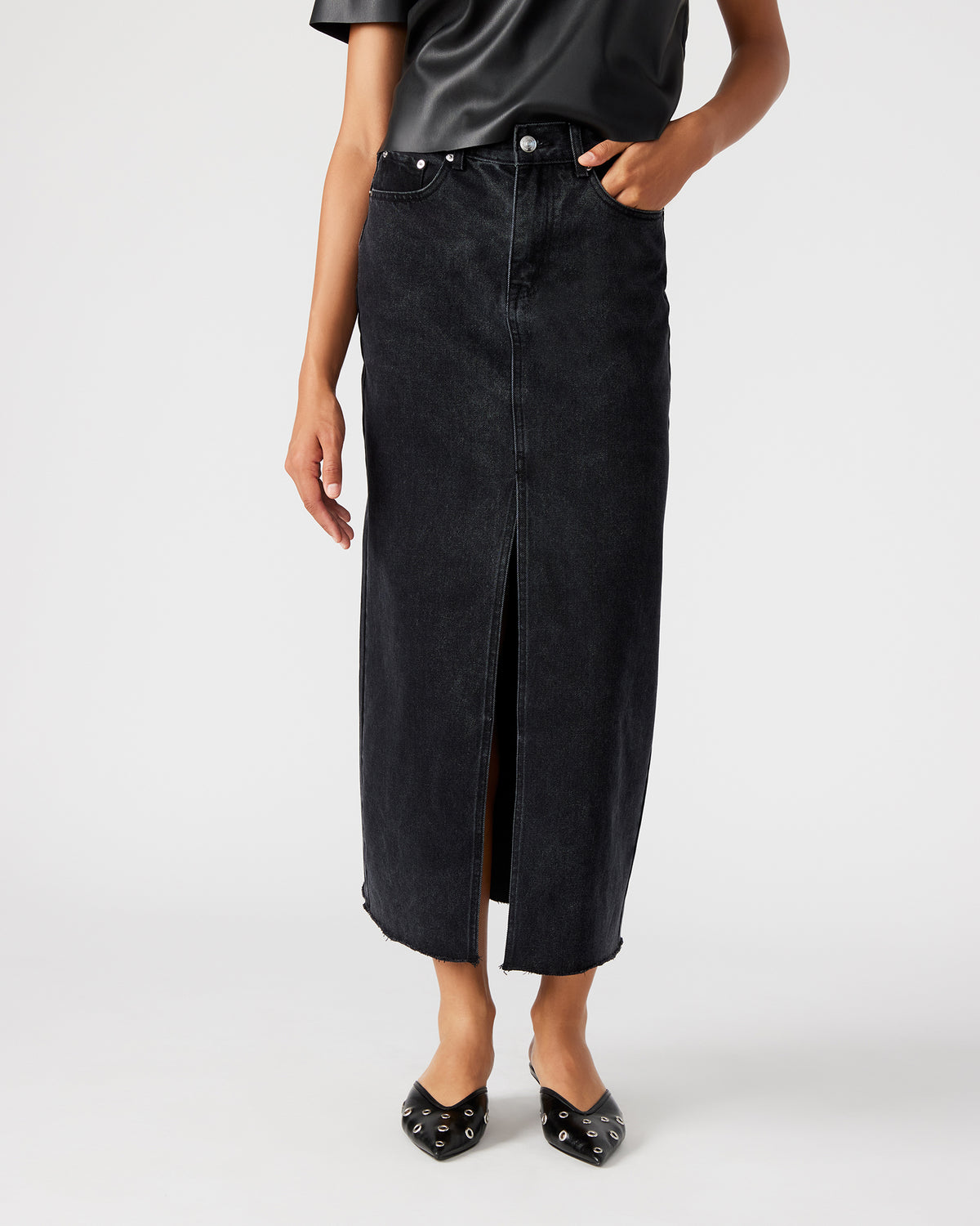 Steve Madden AVANI Denim Skirt Black | Women's Denim Maxi Skirt