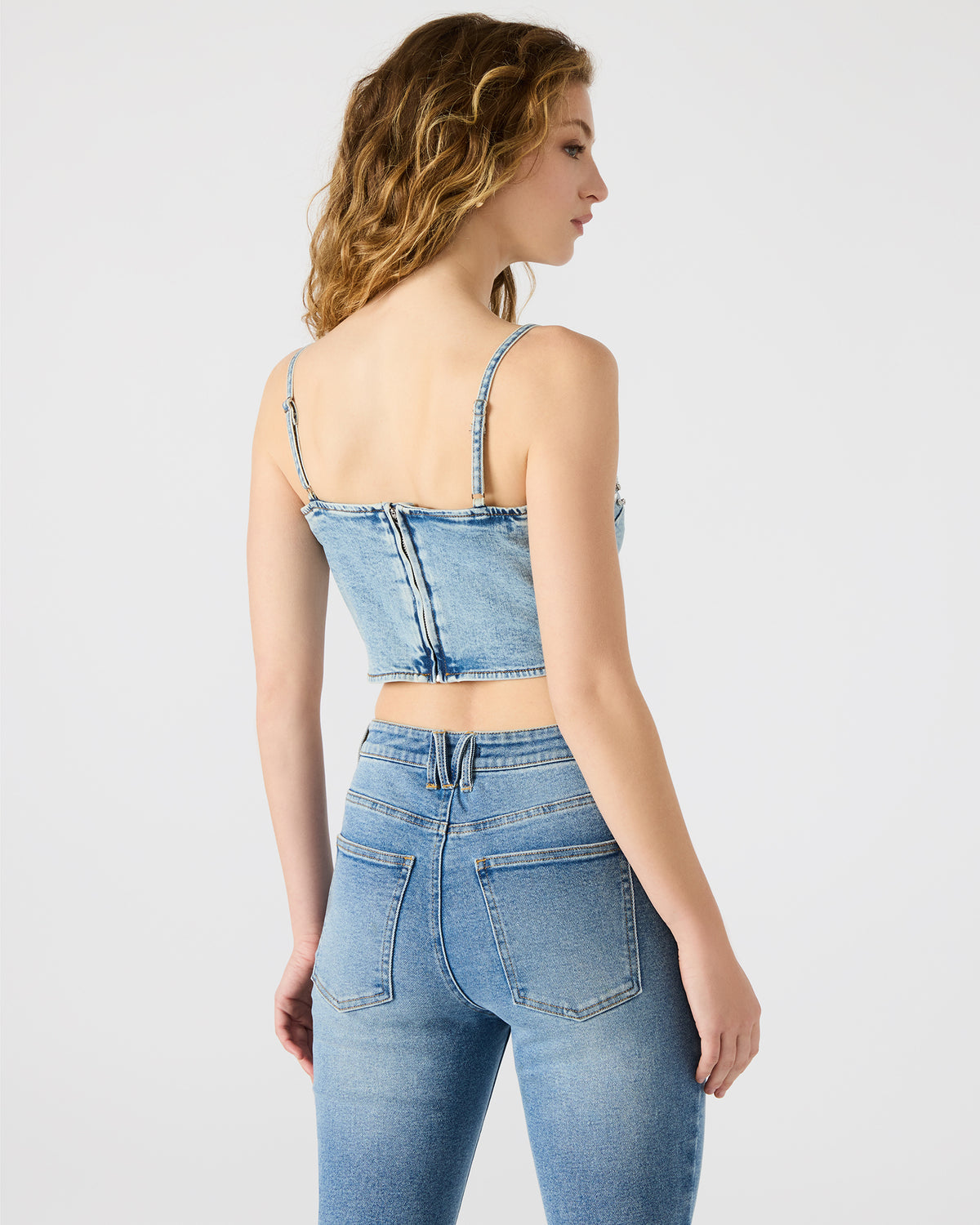 Steve Madden ERAS Denim Rhinestone Embellished Corset Cropped Matching Set Women's Top