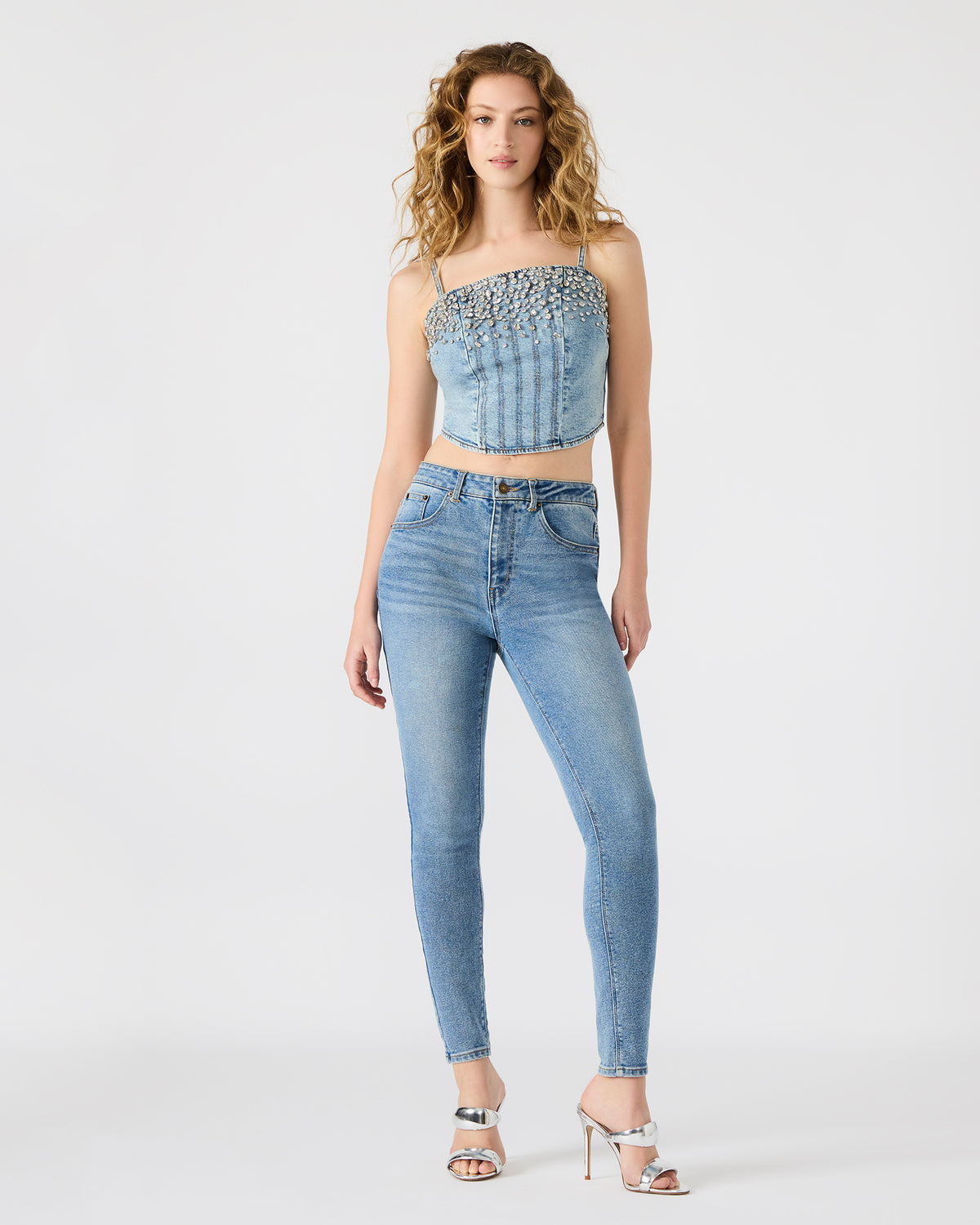 Steve Madden ERAS Denim Rhinestone Embellished Corset Cropped Matching Set Women's Top