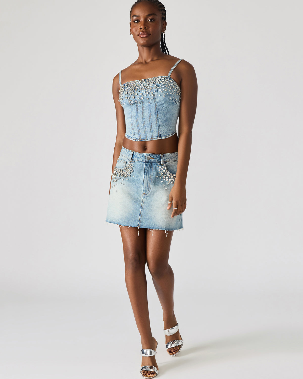 Steve Madden ERAS Denim Rhinestone Embellished Corset Cropped Matching Set Women's Top