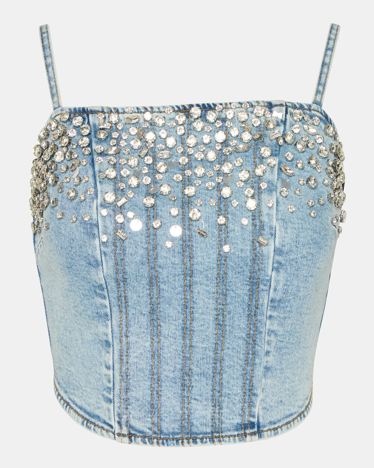 Steve Madden ERAS Denim Rhinestone Embellished Corset Cropped Matching Set Women's Top